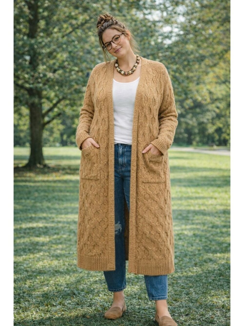 Cable Knit Longline Cardigan With Pockets Love Tree Size 3X Warm Beige